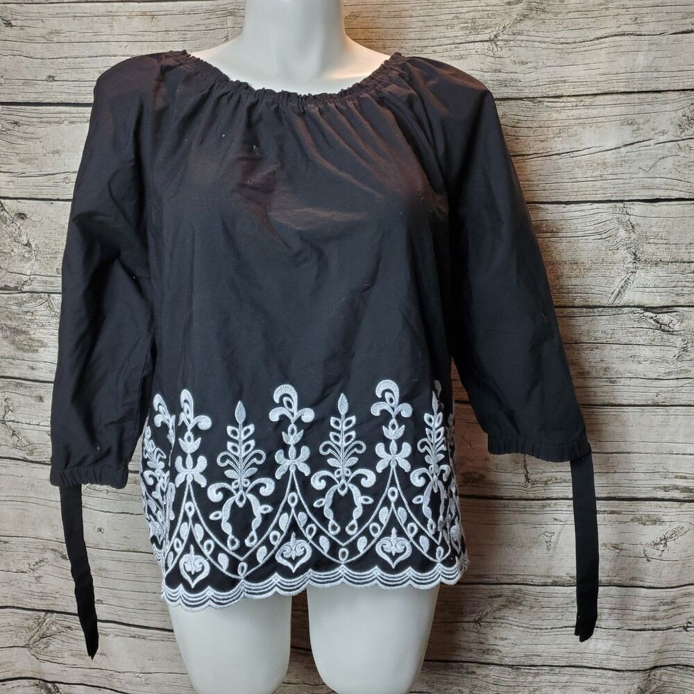 Time & Tru Black/White Tunic Embroidered Hem 3/4 Sleeve Size XL 16-18